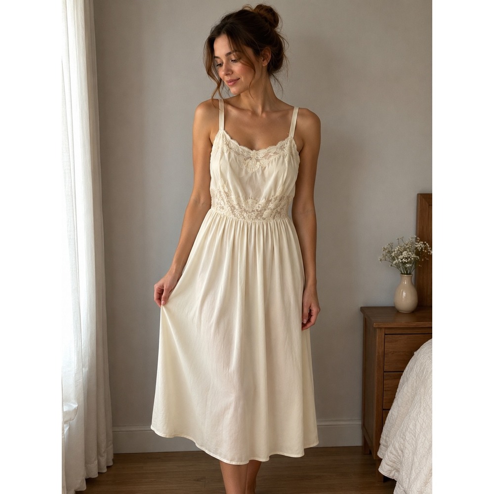 Vanity Fair Nightgown Womens Sz Medium Ivory Vintage Lace Sheer Chiffon Wedding